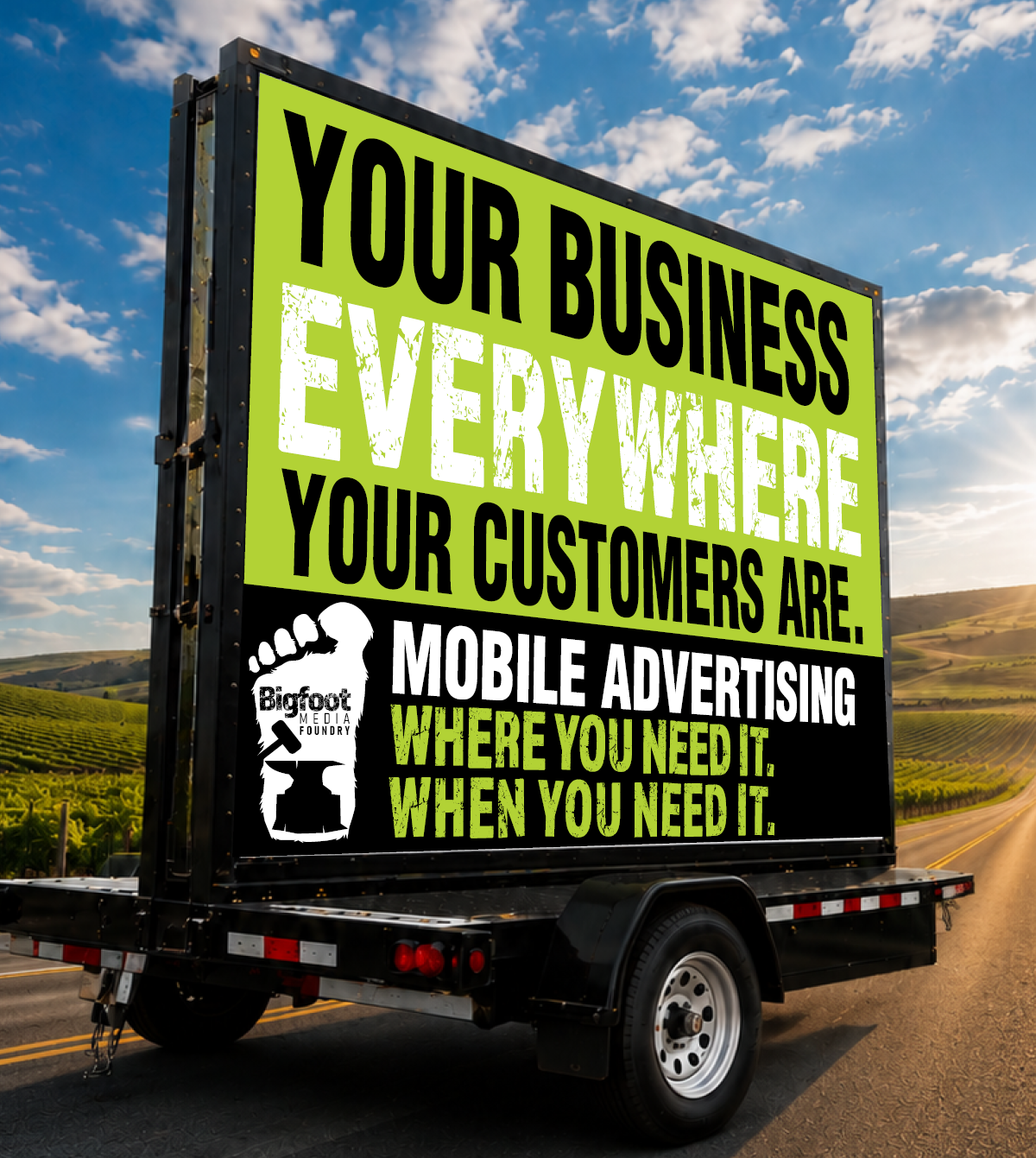 Bigfoot Media Foundry advertising trailer in Central Washington wine country